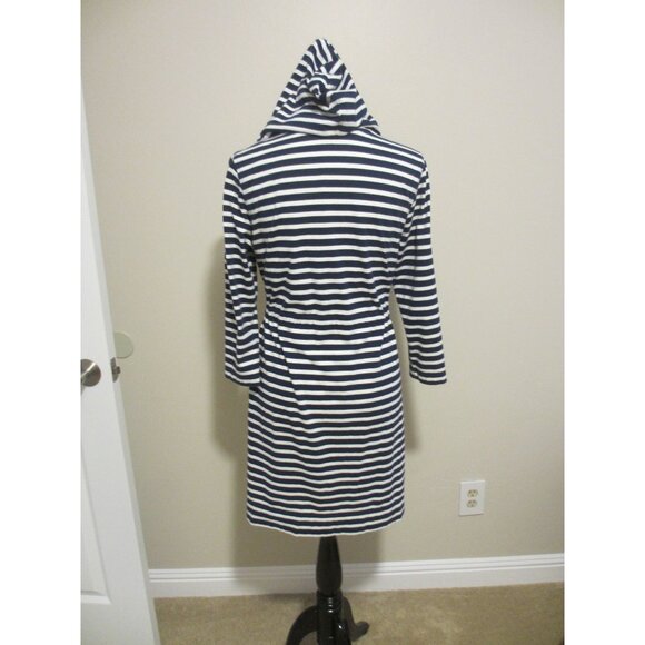 Lands End Navy & White Striped Hooded Drawstring Waist Robe With 3/4 Sleeves - Picture 4 of 10